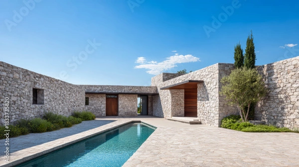 Fototapeta Elegant stone house with pool in a tranquil outdoor setting under a blue sky