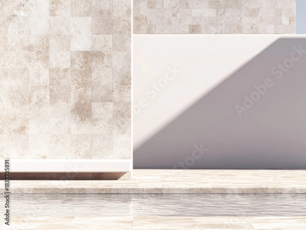 Fototapeta Tranquil modern architecture with serene water reflections in a minimalist outdoor space at midday