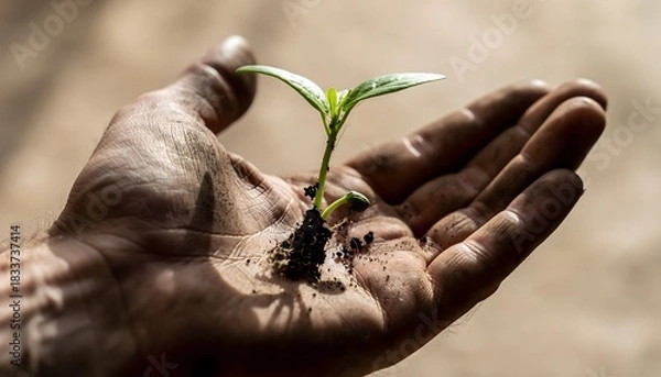 Obraz Nurturing Growth A Tender Hand Holds a Sprout, Symbolizing Hope and New Beginnings