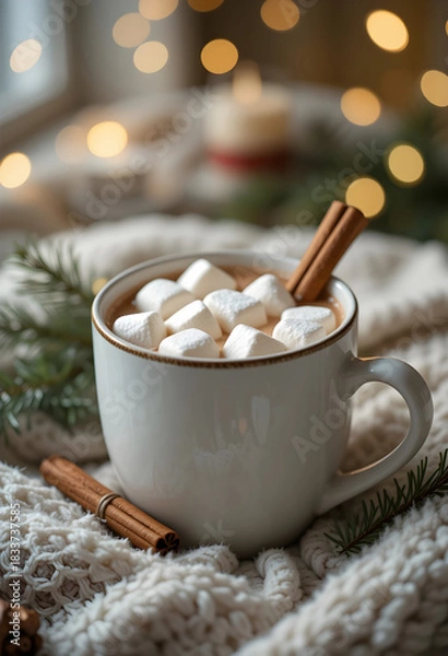 Fototapeta Cozy close-up of hot cocoa mug with marshmallows cinnamon stick and pine branches in warm tones