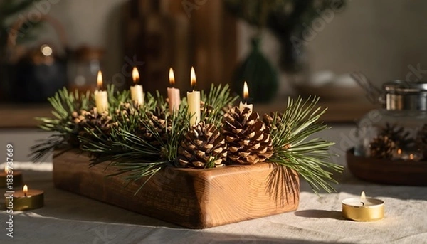 Obraz Traditional rustic Advent wreath with five lit candles for a festive holiday celebration