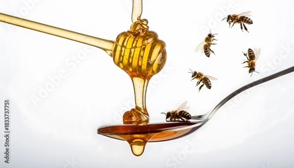 Obraz A spoonful of sweet golden honey dripping from a dipper with busy bees flying around