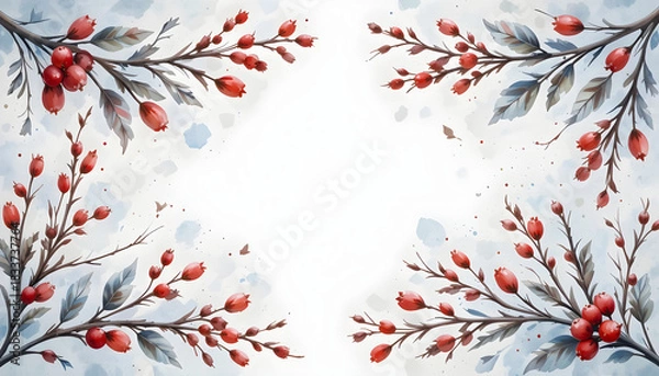 Fototapeta Winter watercolor botanical frame with branches and red berries in soft cool tones