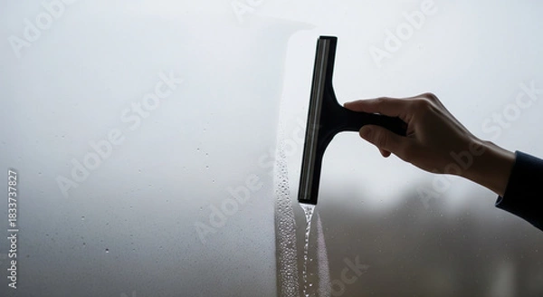 Fototapeta 冬の掃除、窓の結露をスクイージー（ワイパー）で拭き取る手元、コピースペース