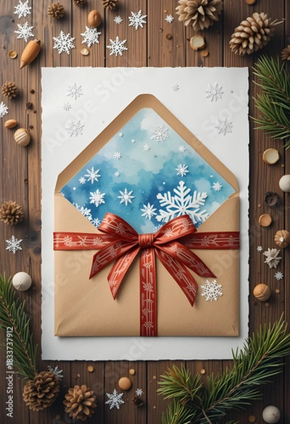 Fototapeta Craft paper envelope with festive ribbon and paper snowflakes in cozy winter top view