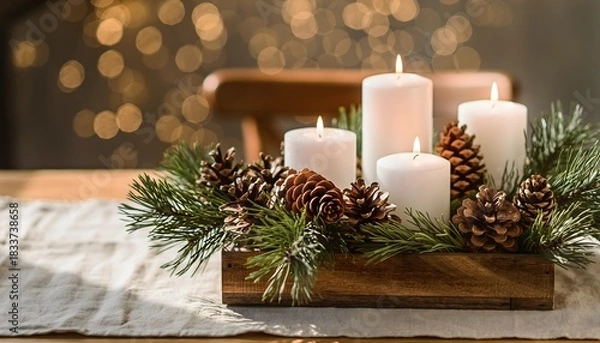 Obraz Rustic wooden centerpiece with lit white candles, pinecones, and fir branches for a cozy Christmas