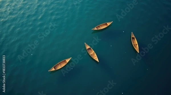 Obraz Aerial view of four traditional wooden boats floating on a calm blue ocean