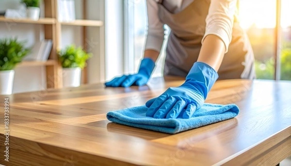 Obraz Diligent Hands in Blue Gloves Cleaning a Polished Wooden Table Surface with a Soft Microfiber Cloth for a Spotless Home