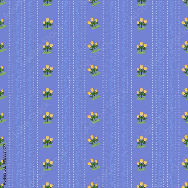 Fototapeta Abstract hand draw orange rose with small leaves and light blue vertical stripes on light purple background. Textile design art seamless pattern.