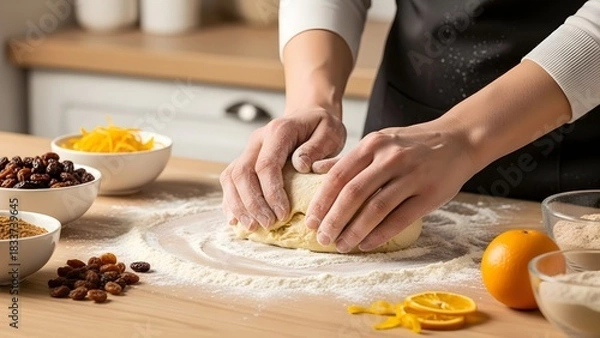 Fototapeta Hands Kneading Dough with Baking Ingredients in a Modern Kitchen