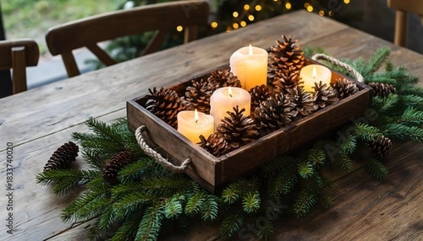 Obraz Warm glow of Christmas candles and pinecones creating a festive holiday centerpiece on a rustic wooden table