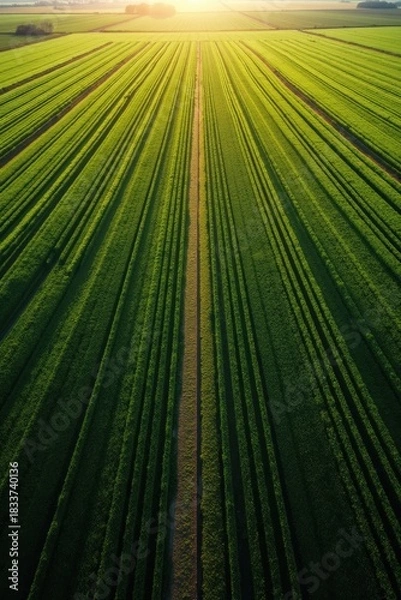 Obraz Aerial drone view of a vast green agricultural field with rows leading to the sun