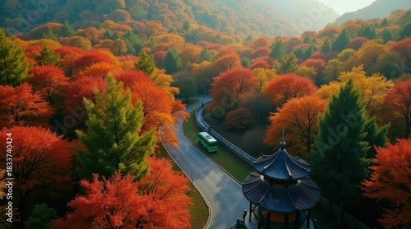 Obraz Aerial view of a winding road through a vibrant autumn forest with a train