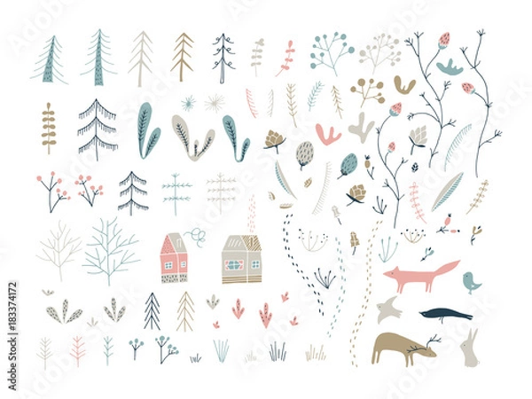 Fototapeta Forest doodle elements. Hand drawn cute illustrations.