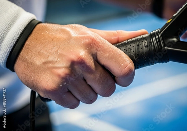 Fototapeta Close-up of a hand gripping a racket handle with sweat droplets, sports action detail on blue court background