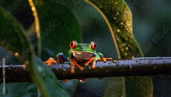 Obraz Vibrant Red-Eyed Tree Frog Peeking Out Amidst Greenery in Tropical Rain