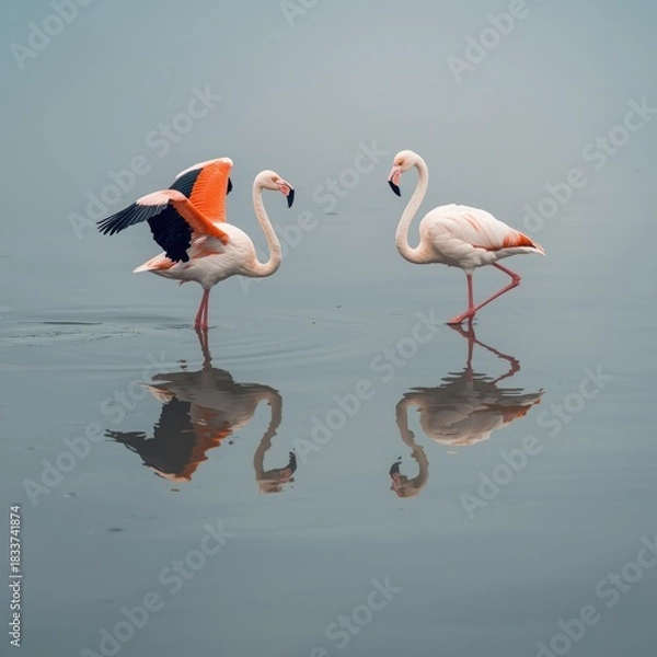 Obraz Two flamingos standing in calm water with reflections
