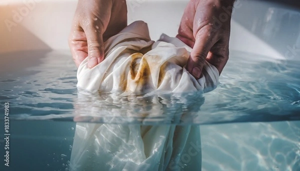 Obraz Removing a Stain A Close-Up of Hands Holding a Stained Cloth Submerged in Water