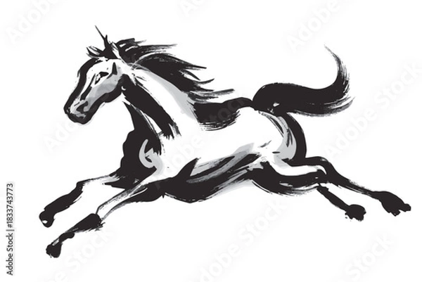 Obraz 水墨画調の筆で描いたダイナミックに走る馬のモノクロイラスト