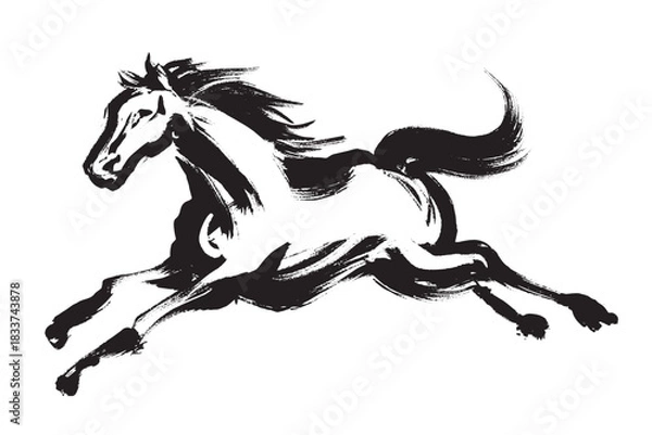 Obraz 筆で描いたダイナミックに走る馬のモノクロイラスト