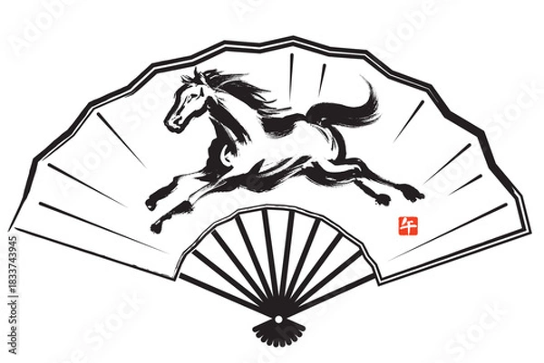 Obraz 扇に筆で描いたダイナミックに走る馬のモノクロイラスト
