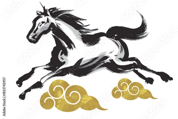 Obraz 筆で描いたダイナミックな馬と金色の雲のイラスト