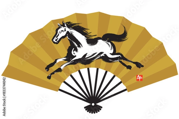 Obraz 金色の扇に筆で描いたダイナミックに走る馬のモノクロイラスト