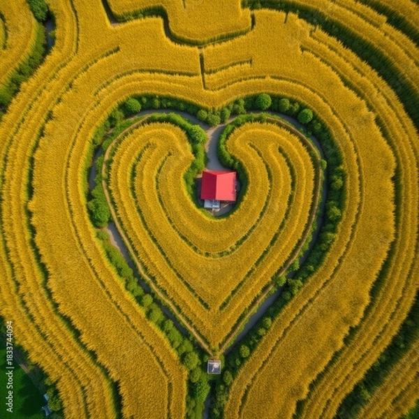 Obraz Aerial view of a heart shaped rice paddy with a small red house