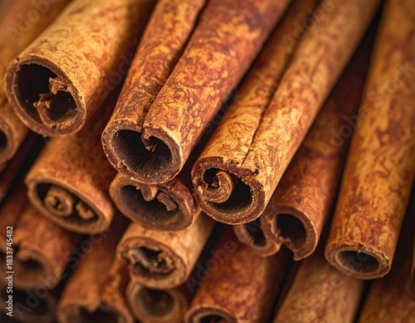 Obraz Cinnamon sticks close up, warm brown tones, aromatic spices.
