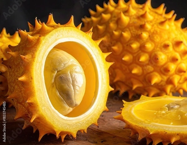 Obraz Kiwano melon sliced open with yellow and orange detail