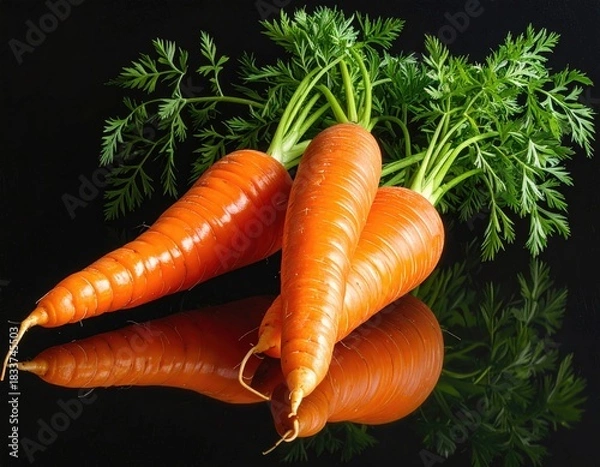 Obraz Carrots with green leaves against a glossy black background