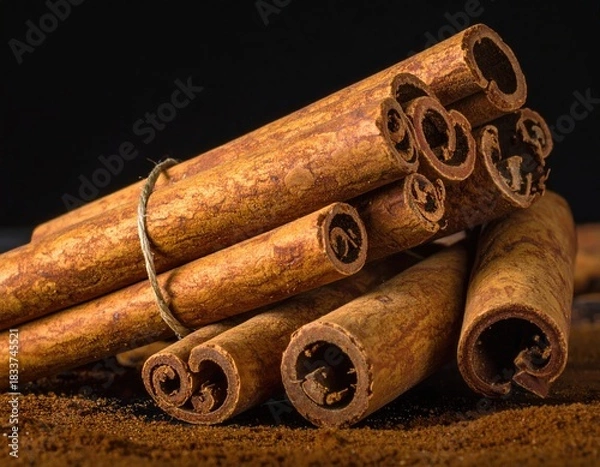 Obraz Cinnamon sticks bound together against a dark background