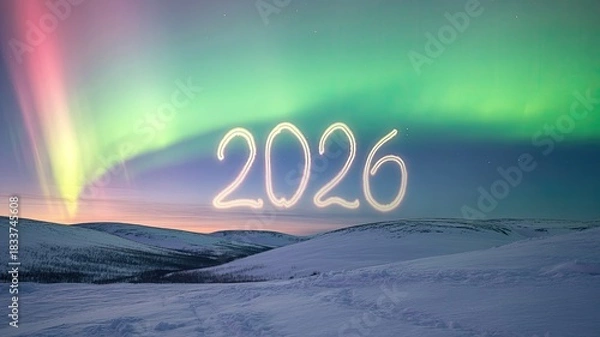Obraz Aurora borealis and the year 2026 over snowy landscape