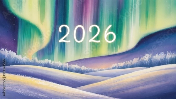 Obraz 2026 text with aurora borealis style background