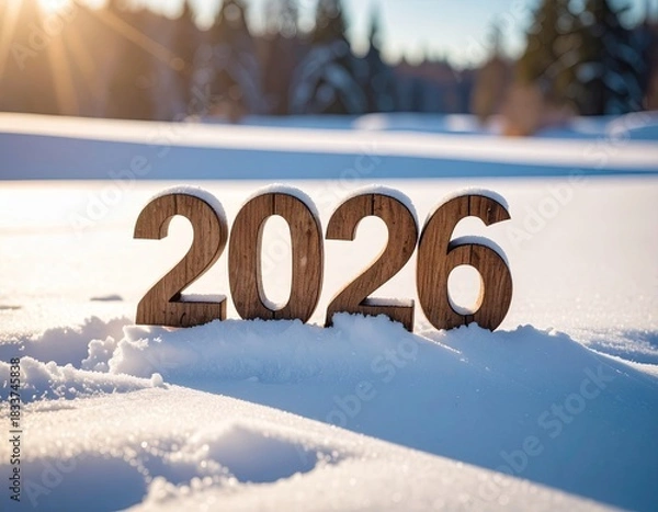 Obraz Year 2026 wooden numbers in a snowy winter landscape