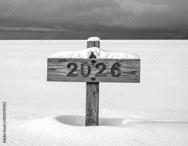 Obraz Signpost with the numbers 2026 in a snowy landscape