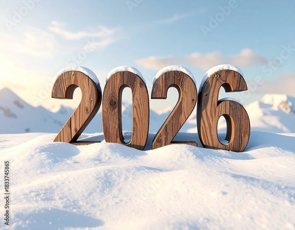 Obraz Wooden 2026 text with snowy landscape backdrop