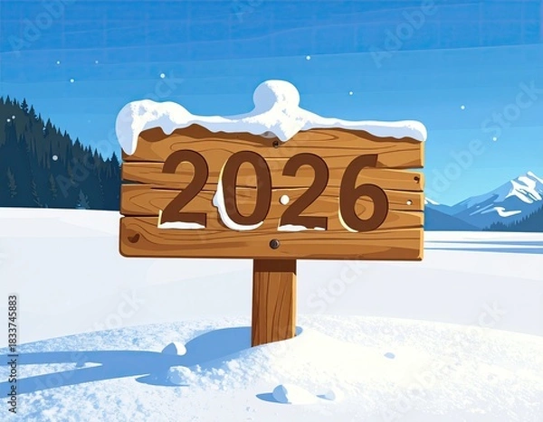 Obraz Wooden sign indicating the year 2026 in a snowy winter landscape