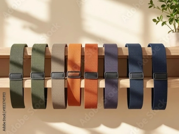 Obraz Colorful watch straps hanging on wooden display rack