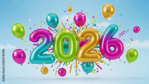 Fototapeta Welcome the year 2026 with vibrant balloons and confetti! Perfect for festive greetings, party invites, and joyful designs, setting a celebratory tone for the new year.