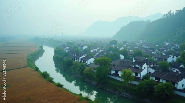 Obraz Misty morning over a traditional chinese village with a winding river