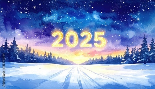 Obraz New year 2025 snowy landscape with sun and stars in winter