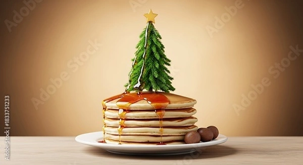 Fototapeta Festive stack of golden pancakes topped with a miniature christmas tree and syrup