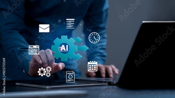 Fototapeta AI workflow automation and generative artificial intelligence concept. Businessman hand hold automation process chart. AI-driven efficiency, Robotics, algorithms, innovation, digital transformation.