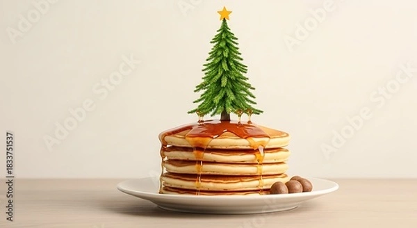 Fototapeta Festive stack of pancakes topped with a miniature christmas tree and drizzled with syrup
