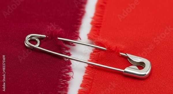Fototapeta Silver safety pin clasps together two ripped pieces of vibrant red fabric