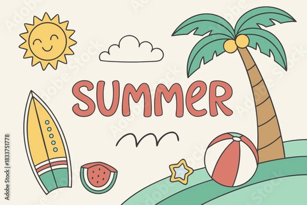 Obraz Summer text banner template with fruits ball surf palm tree and emoji