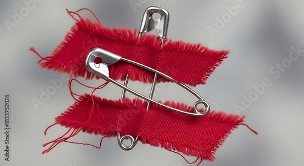 Fototapeta Two bright red fabric swatches held together by silver safety pins against a blurred background