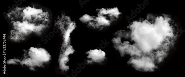 Fototapeta Set of fluffy white clouds isolated on black background, representing natural sky elements and soft mist texture, digital art and atmospheric design.