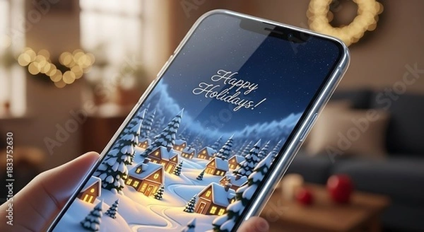 Fototapeta Smartphone displaying a festive winter village scene with twinkling lights and snow covered trees